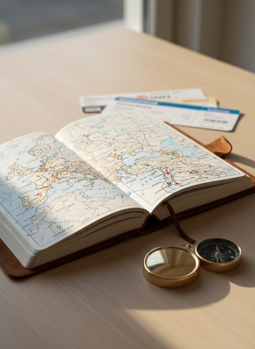 Una libreta de viaje de tapas de cuero envejecido abierta sobre una mesa de madera clara, con un mapa detallado de Europa dibujado a mano y pequeñas marcas de colores que señalan rutas e itinerarios. A su alrededor, se ven billetes de tren, una brújula metálica brillante y una tarjeta de embarque, todo ligeramente desordenado como si se estuviera planificando un viaje. La escena está iluminada por luz natural de mañana que entra por una ventana lateral, creando sombras suaves y reflejos cálidos. Fotografía a nivel de mesa con enfoque nítido en la libreta y fondo ligeramente desenfocado, estilo realista, limpio y profesional, transmitiendo organización, planificación y ganas de explorar como un local.