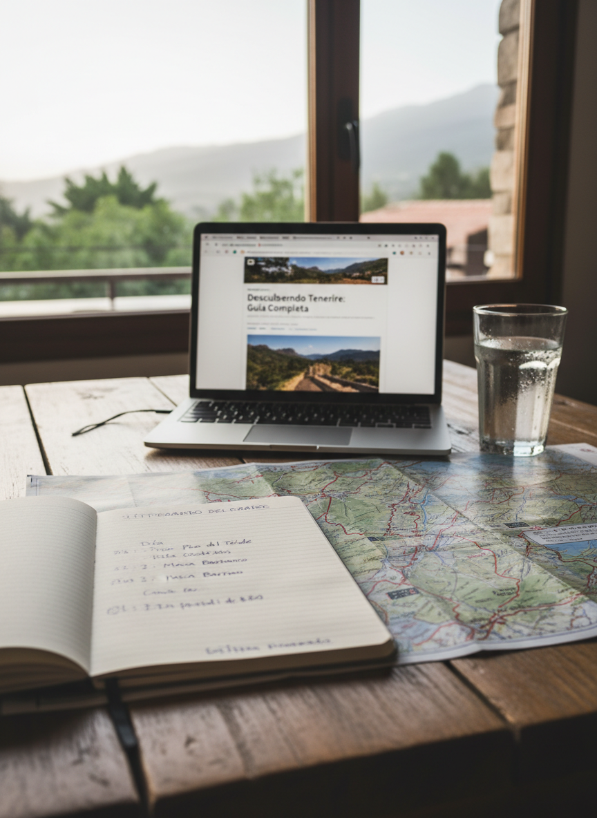 Una mesa de madera rústica junto a una ventana de cristal en un pequeño alojamiento local, cubierta con una selección de elementos: un cuaderno abierto con un itinerario diario escrito a mano, un mapa de rutas de montaña con senderos marcados, un portátil ultraligero con una página de blog de viajes en español abierta y un vaso de agua con gotas de condensación. La luz es de mañana, suave y difusa, entrando desde la izquierda y creando un ambiente tranquilo y concentrado. Composición fotográfica en ángulo ligeramente elevado, con enfoque nítido en el cuaderno y el mapa y fondo discreto. Estilo realista, limpio y profesional, transmitiendo planificación detallada y descubrimiento continuo.
